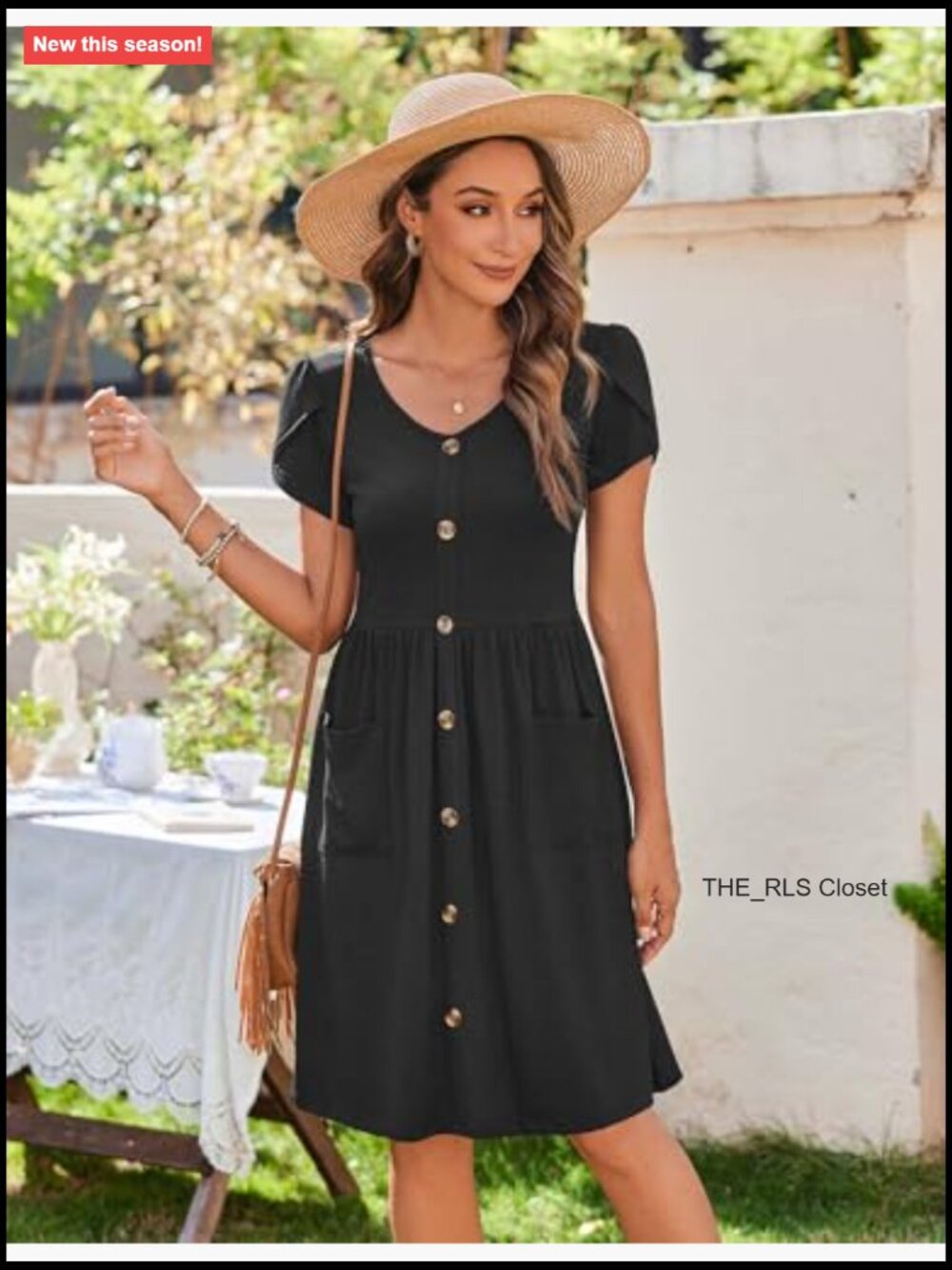 V Neck Mini Dress with Pockets Petal Sleeve Button Down Swing Dress - Picture 3 of 7